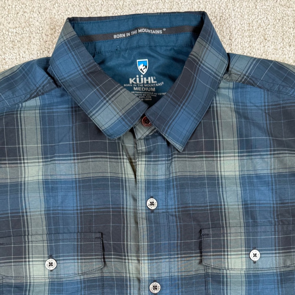 Kuhl Mens Medium Response Blue Plaid Short Sleeve Performance Button Down 7153